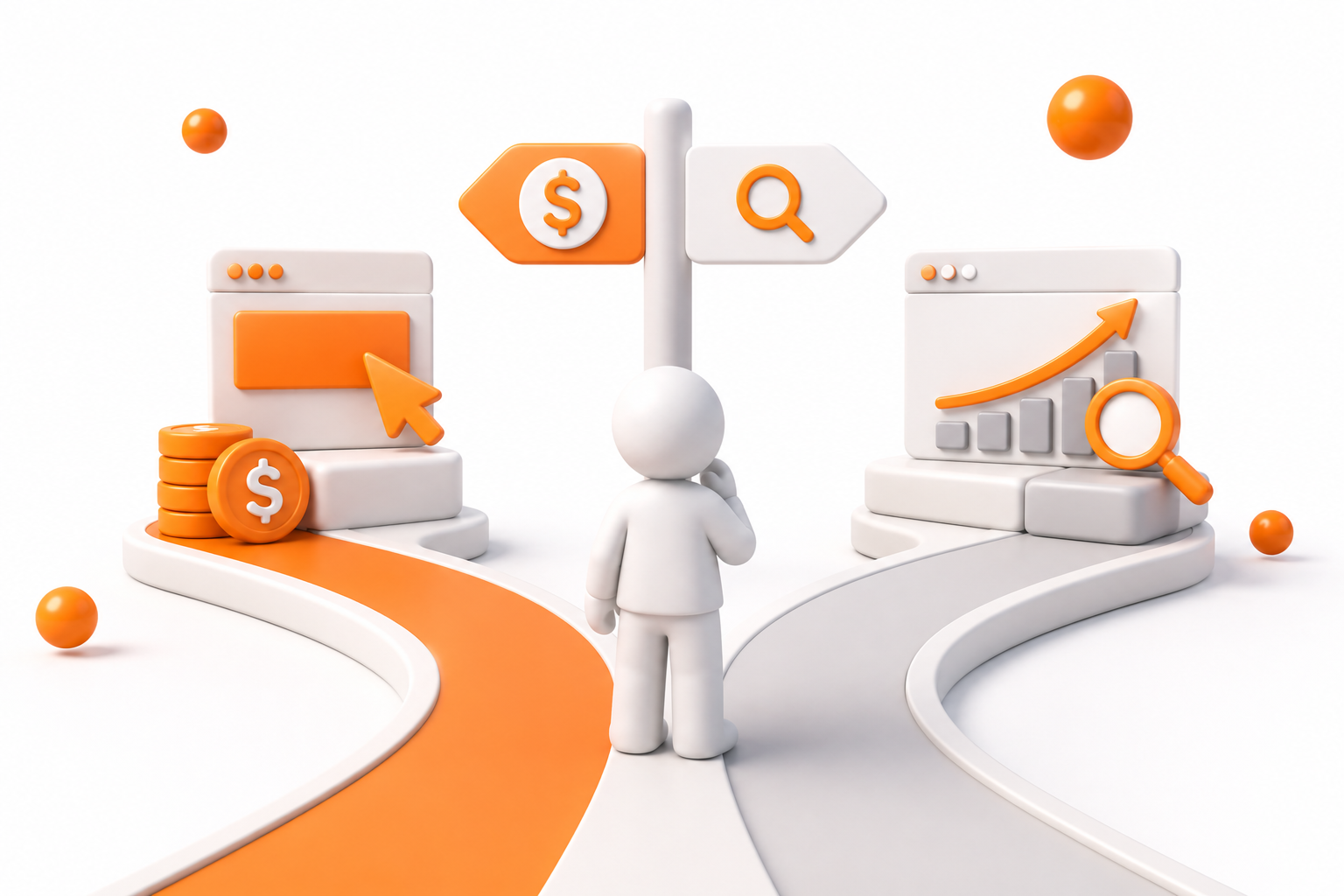 Two paths diverging with money and time icons illustration