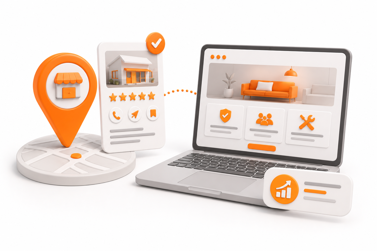 Google map pin next to a website on a laptop illustration